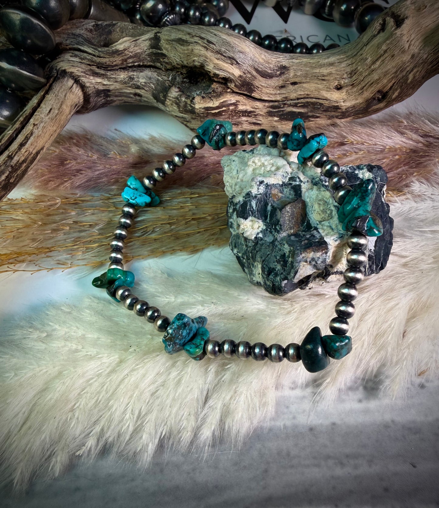 4mm Pearl and Blue Turq Chip Stretch Bracelet