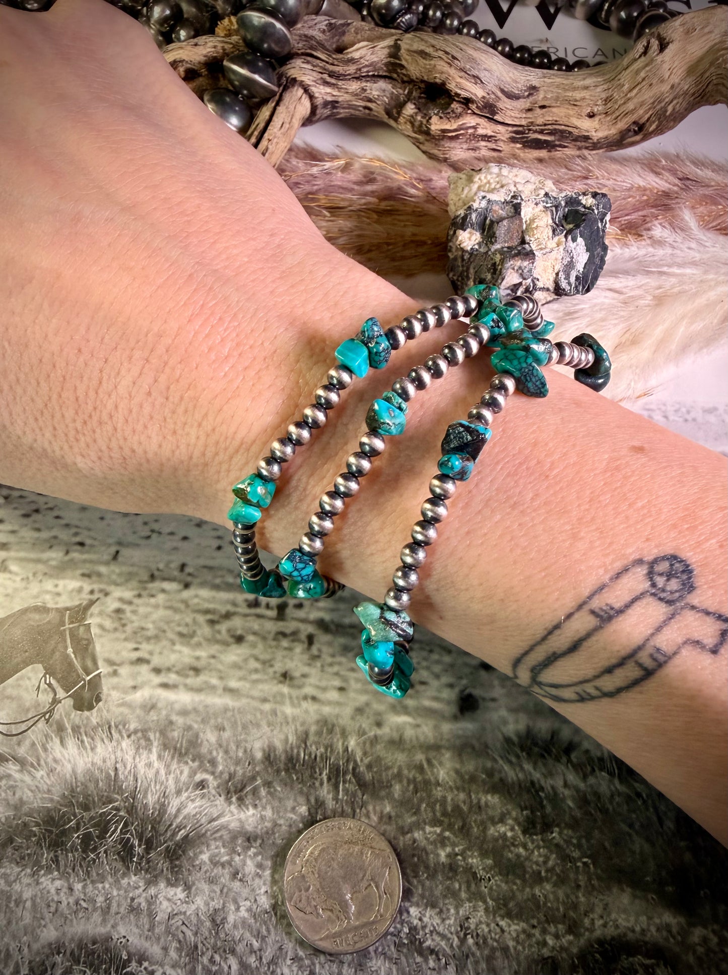 4mm Pearl and Blue Turq Chip Stretch Bracelet