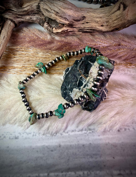 4 mm Sterling Pearl & Green Turquoise Stretch Bracelets