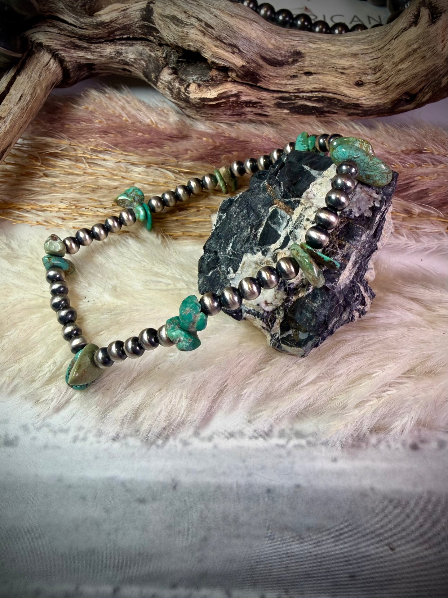 4 mm Sterling Pearl & Green Turquoise Stretch Bracelets