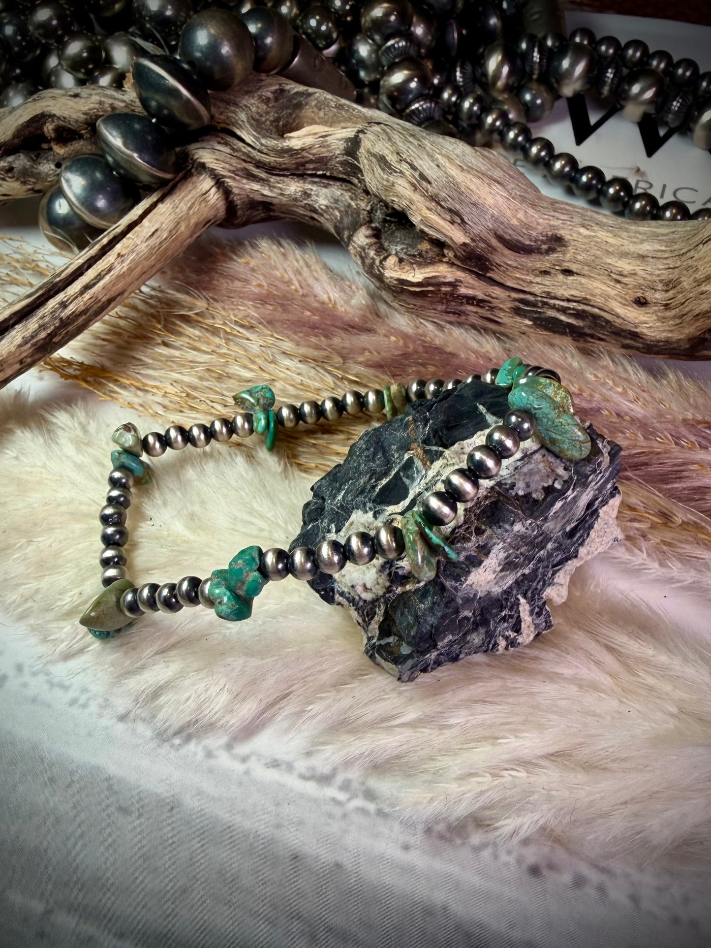 4 mm Sterling Pearl & Green Turquoise Stretch Bracelets