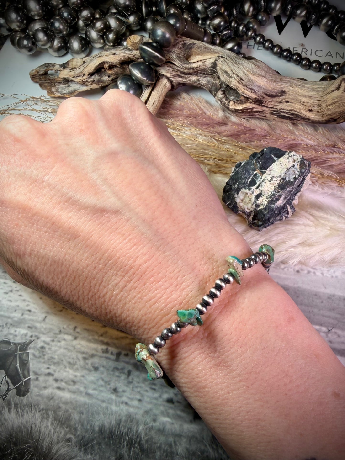 4 mm Sterling Pearl & Green Turquoise Stretch Bracelets