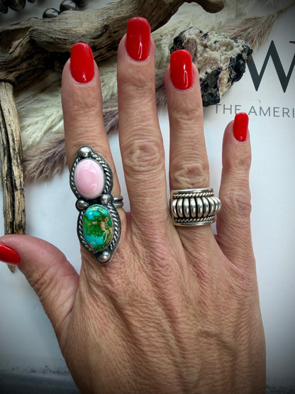 Delbert Sacatero Adjustable Pink Conch & Sonoran Gold Turquoise Ring