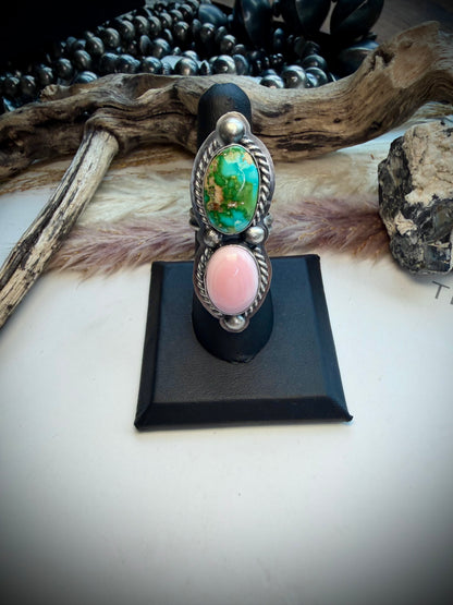 Delbert Sacatero Adjustable Pink Conch & Sonoran Gold Turquoise Ring