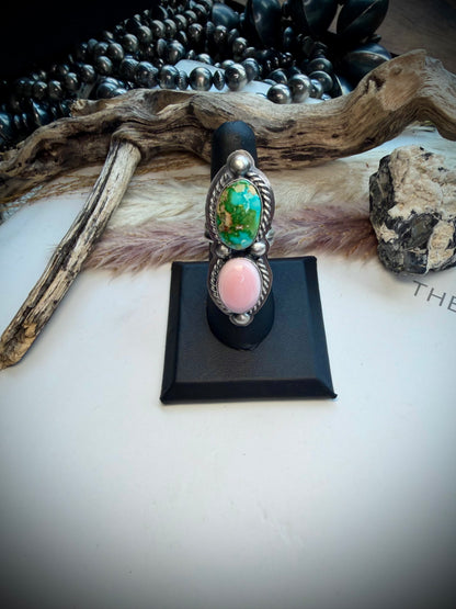 Delbert Sacatero Adjustable Pink Conch & Sonoran Gold Turquoise Ring