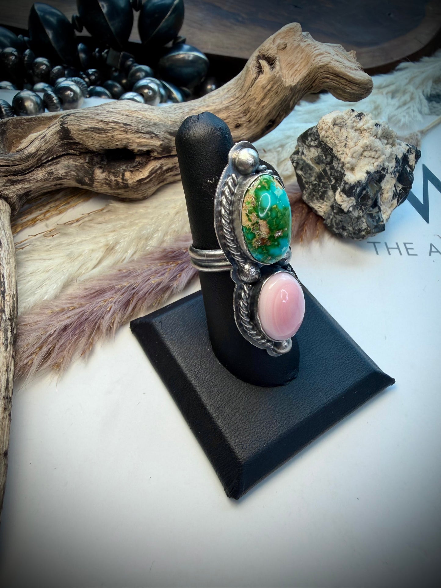 Delbert Sacatero Adjustable Pink Conch & Sonoran Gold Turquoise Ring