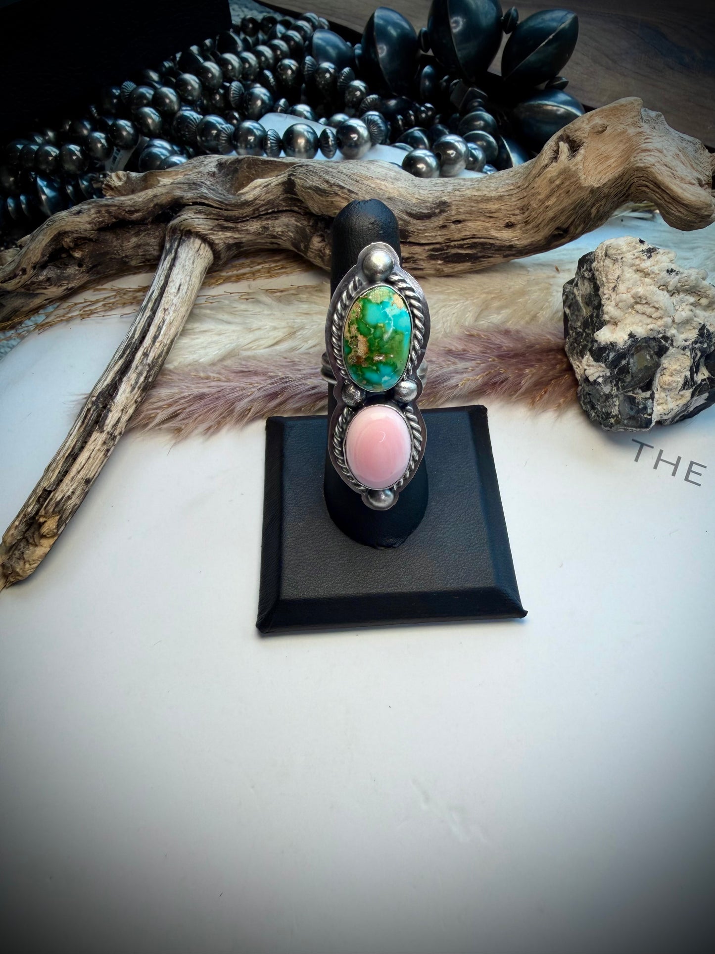 Delbert Sacatero Adjustable Pink Conch & Sonoran Gold Turquoise Ring