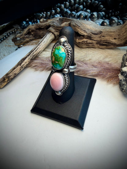 Delbert Sacatero Adjustable Pink Conch & Sonoran Gold Turquoise Ring