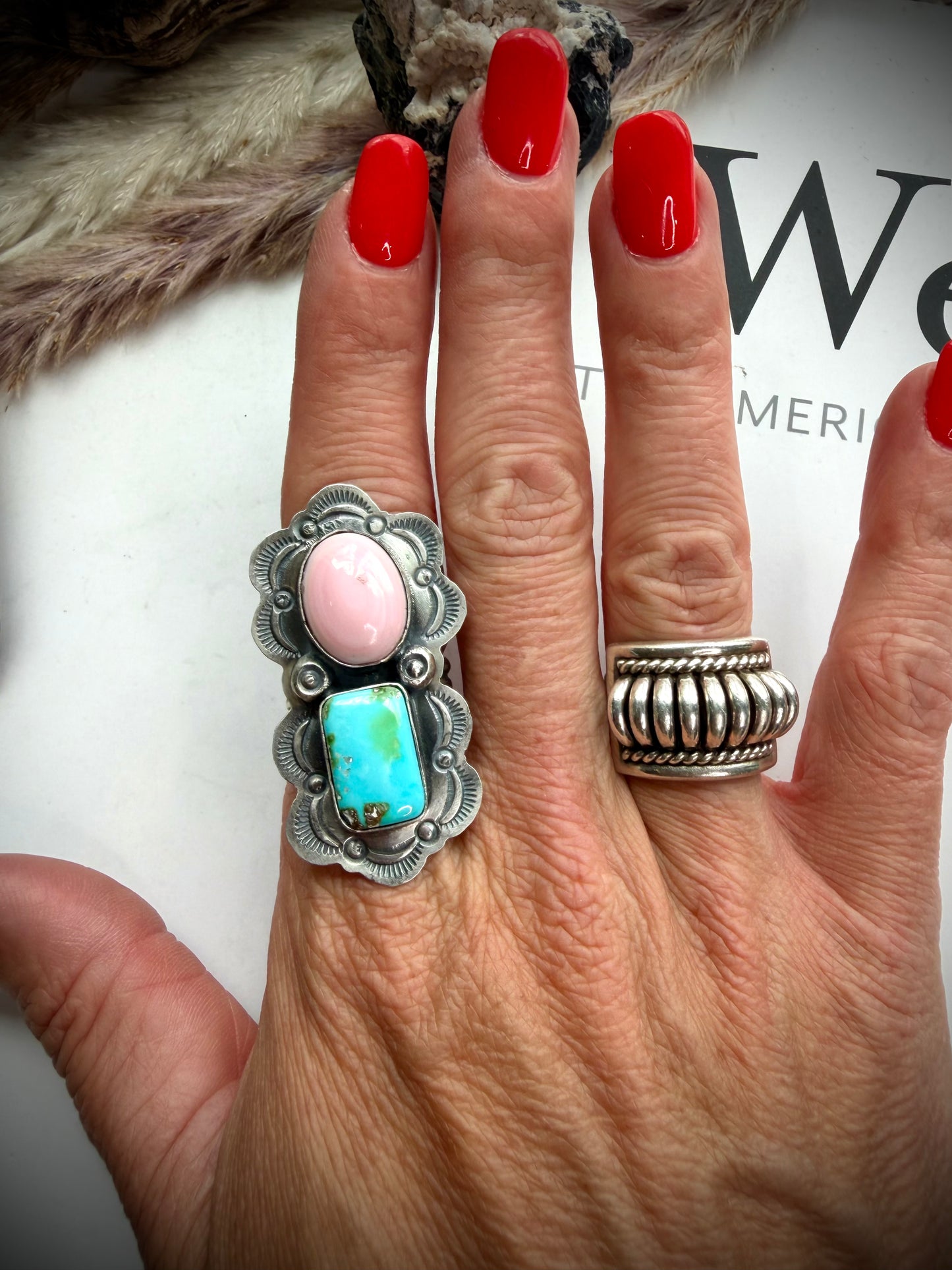 Delbert Sacatero Adjustable Pink Conch & Sonoran Gold Turquoise Ring