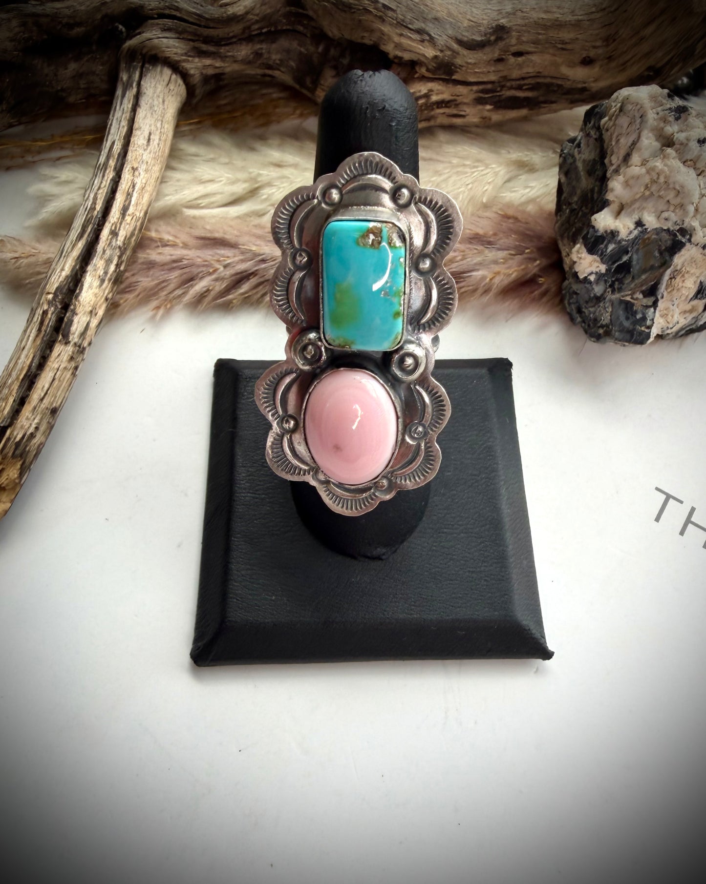 Delbert Sacatero Adjustable Pink Conch & Sonoran Gold Turquoise Ring