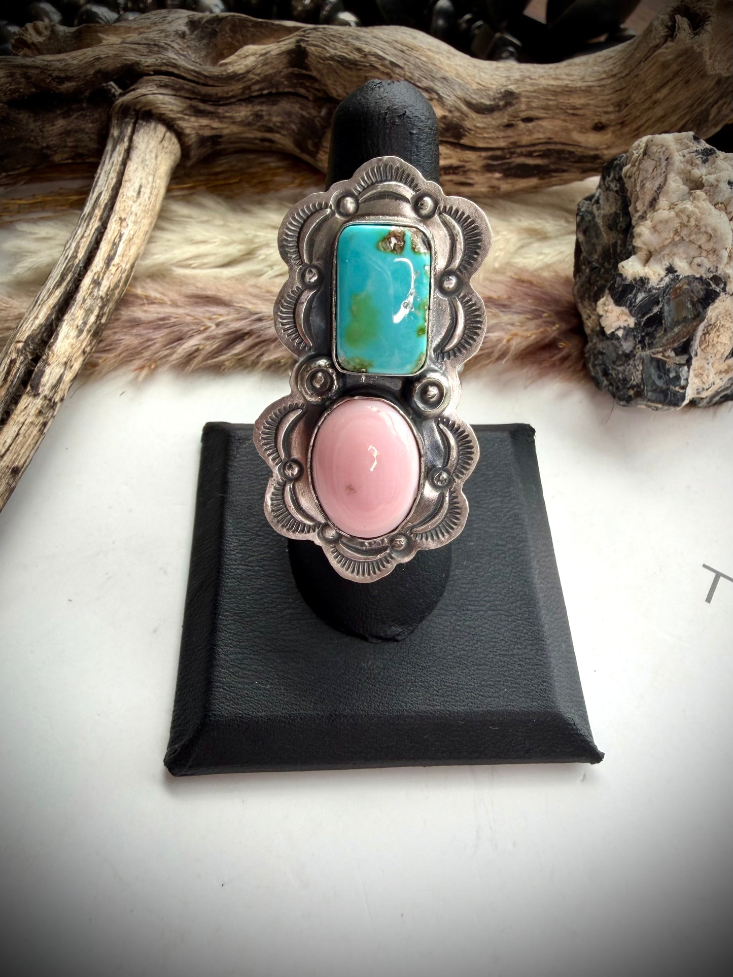 Delbert Sacatero Adjustable Pink Conch & Sonoran Gold Turquoise Ring