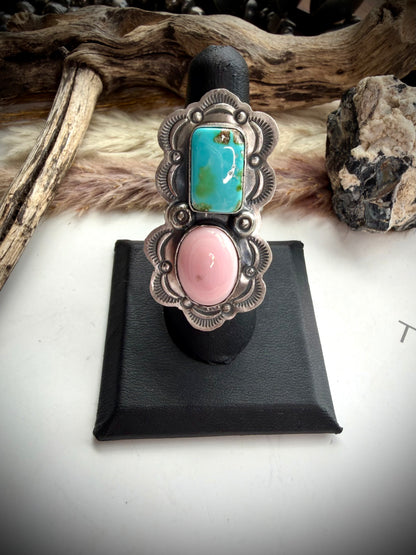 Delbert Sacatero Adjustable Pink Conch & Sonoran Gold Turquoise Ring