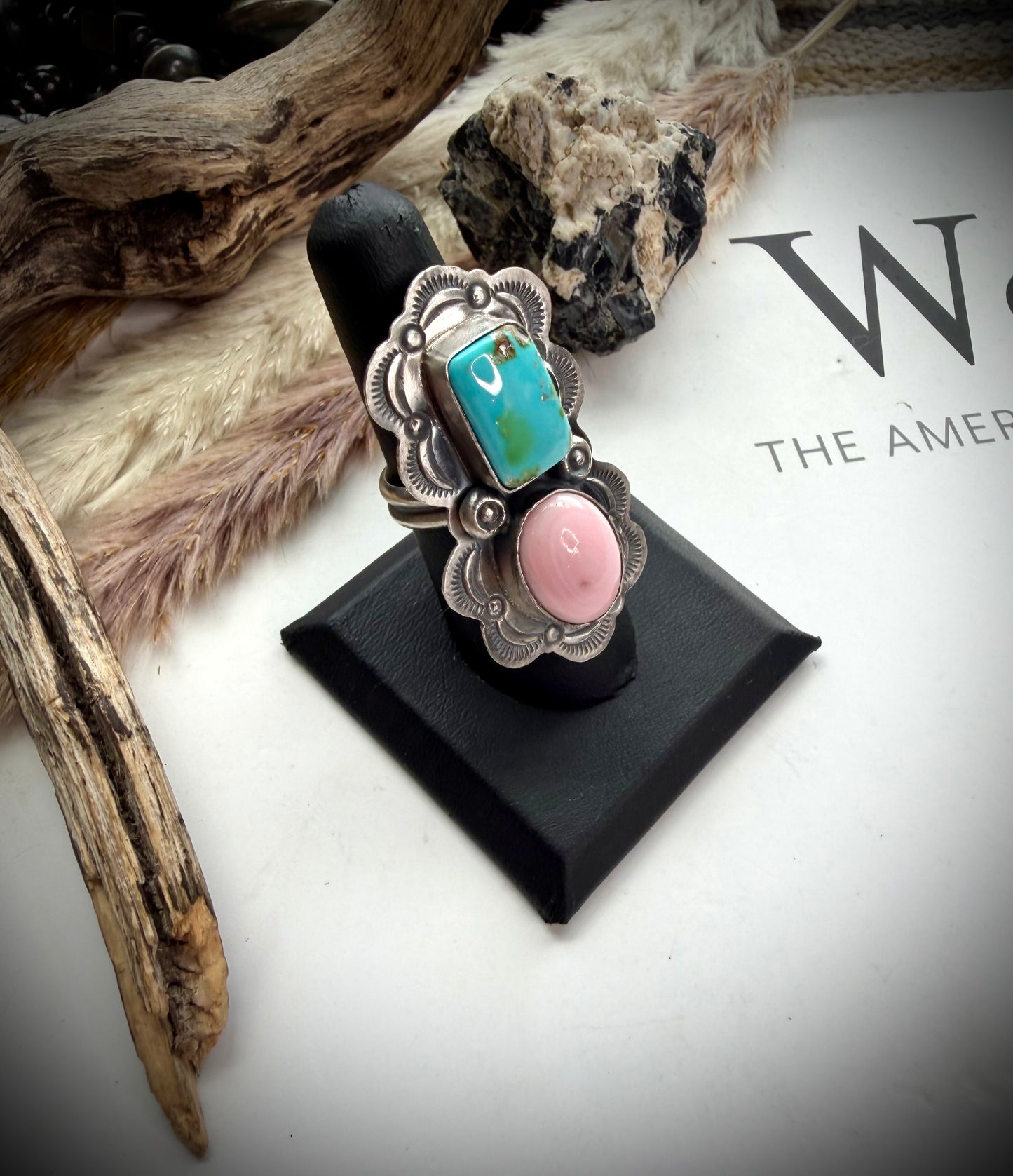 Delbert Sacatero Adjustable Pink Conch & Sonoran Gold Turquoise Ring