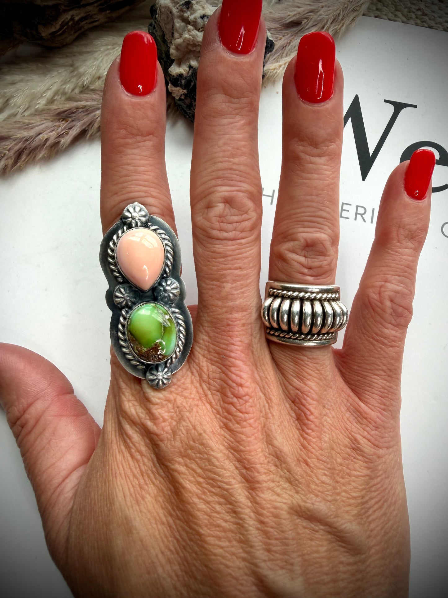 Delbert Sacatero Adjustable Pink Conch & Sonoran Gold Turquoise Ring