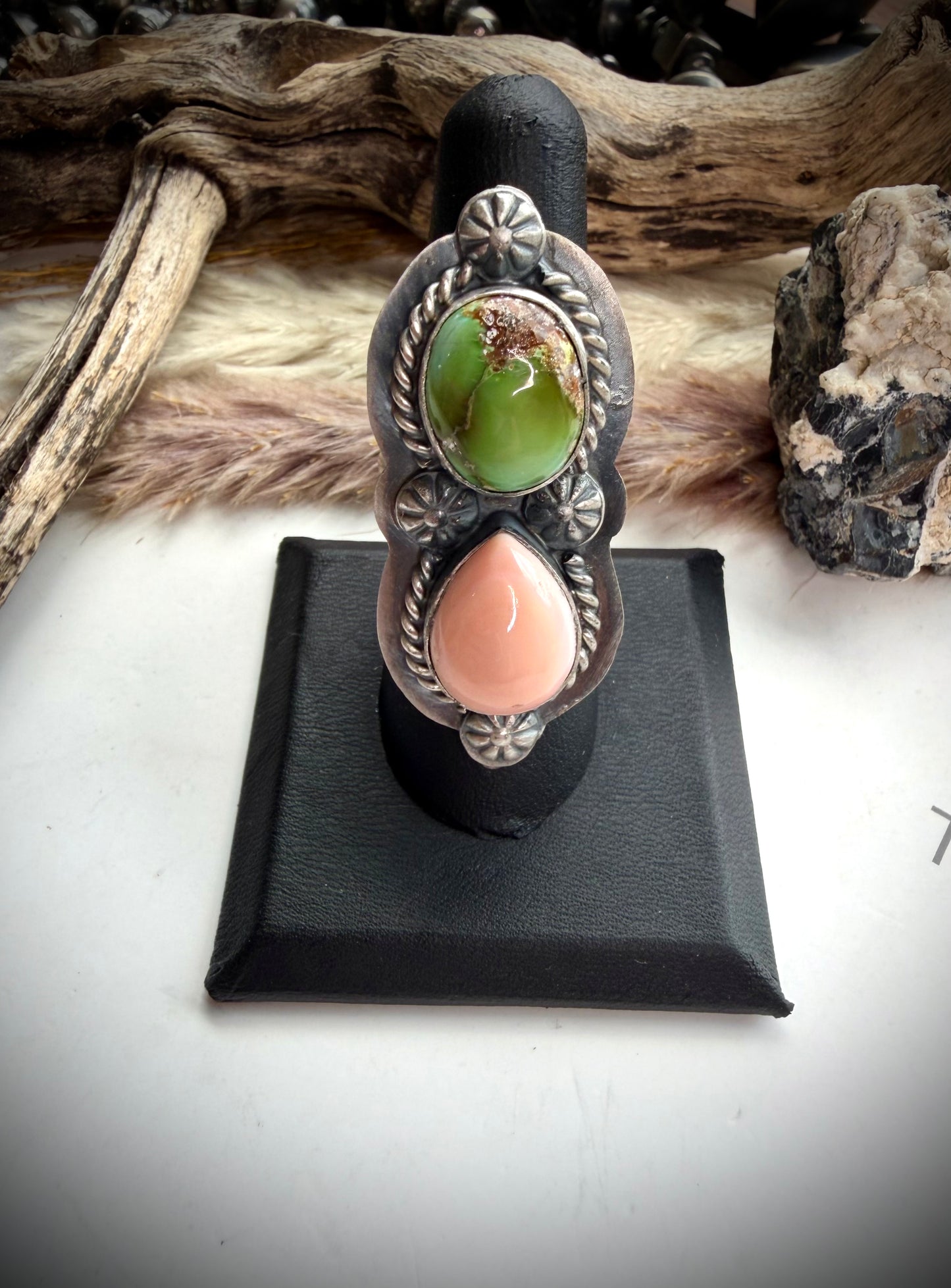 Delbert Sacatero Adjustable Pink Conch & Sonoran Gold Turquoise Ring