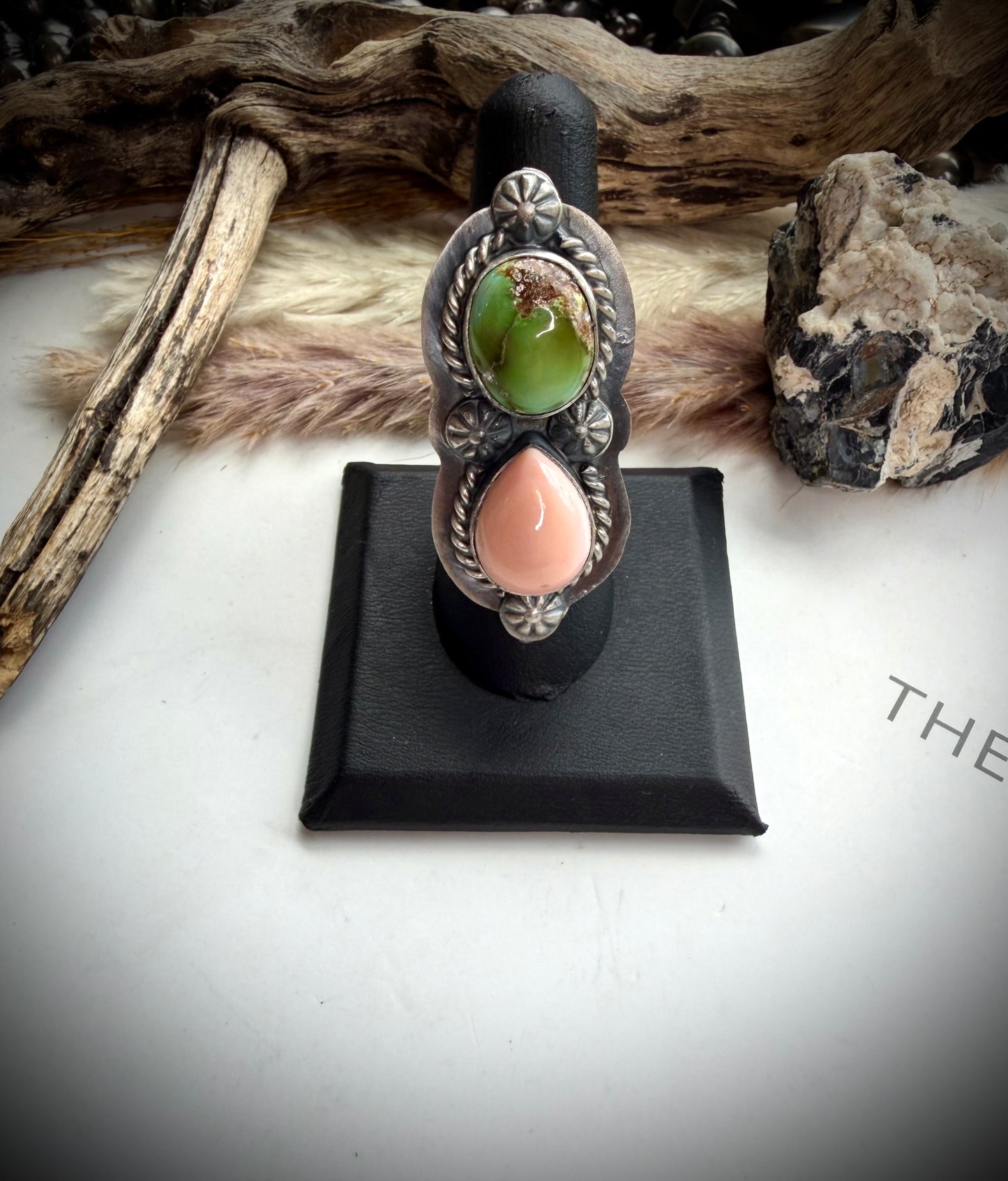 Delbert Sacatero Adjustable Pink Conch & Sonoran Gold Turquoise Ring