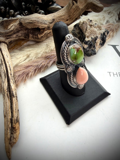 Delbert Sacatero Adjustable Pink Conch & Sonoran Gold Turquoise Ring