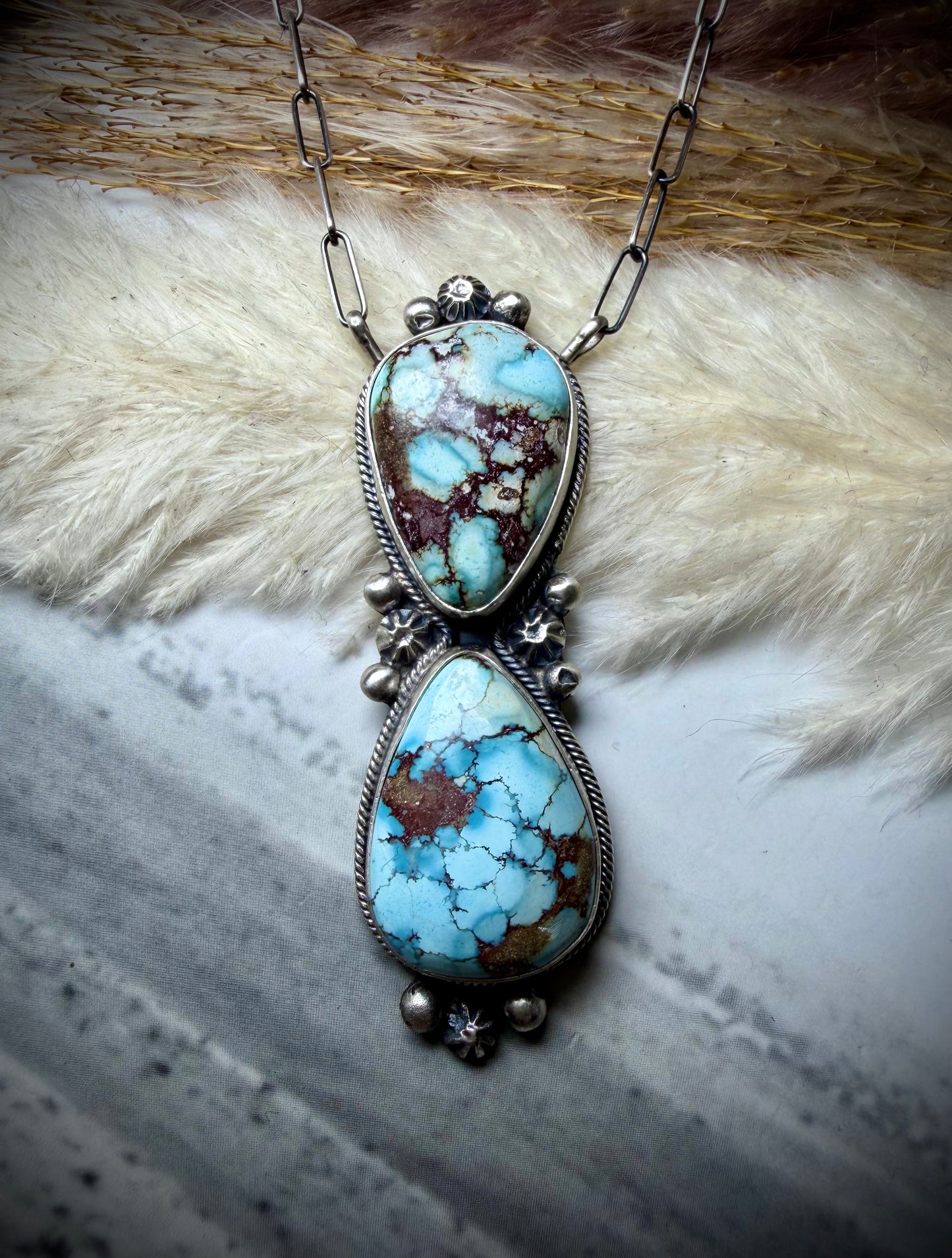 Blue Horizon Turquoise, Two Stone Pendant Necklace by Danny Henio