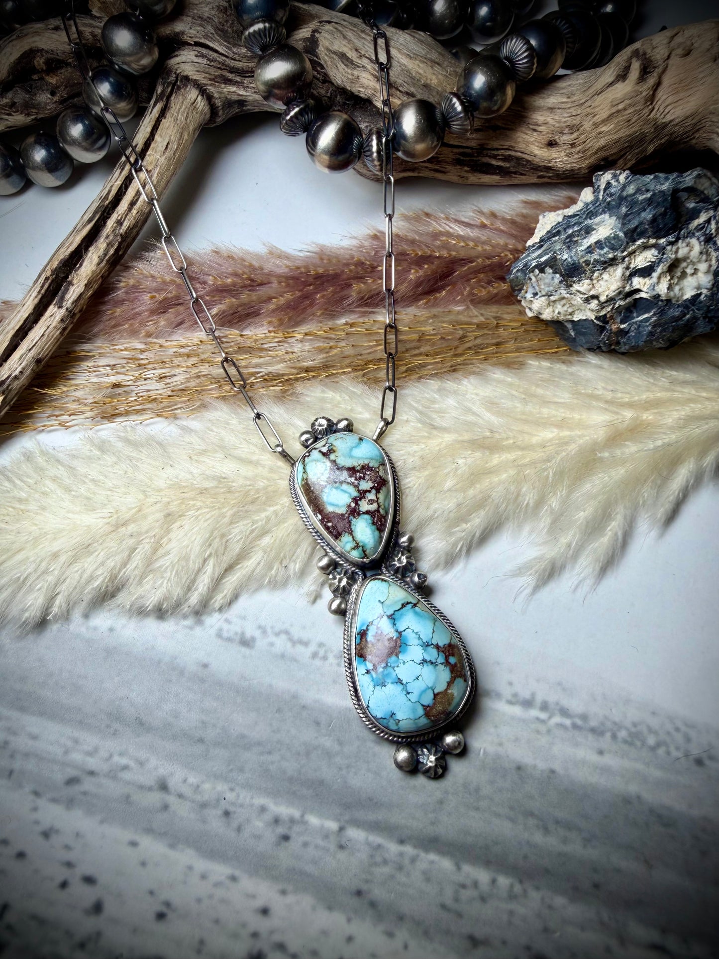 Blue Horizon Turquoise, Two Stone Pendant Necklace by Danny Henio