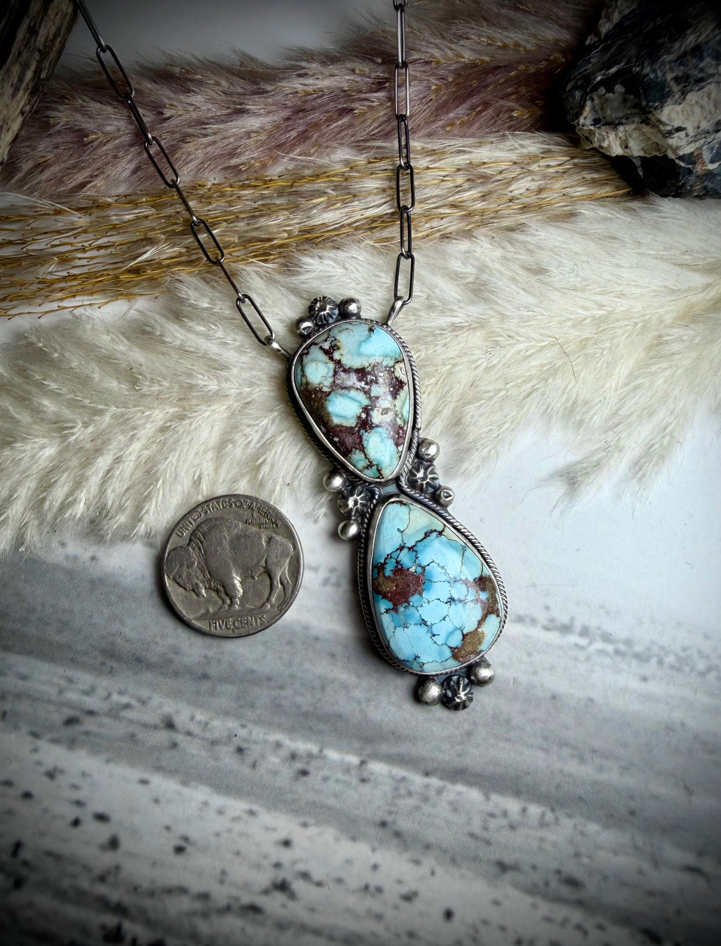 Blue Horizon Turquoise, Two Stone Pendant Necklace by Danny Henio