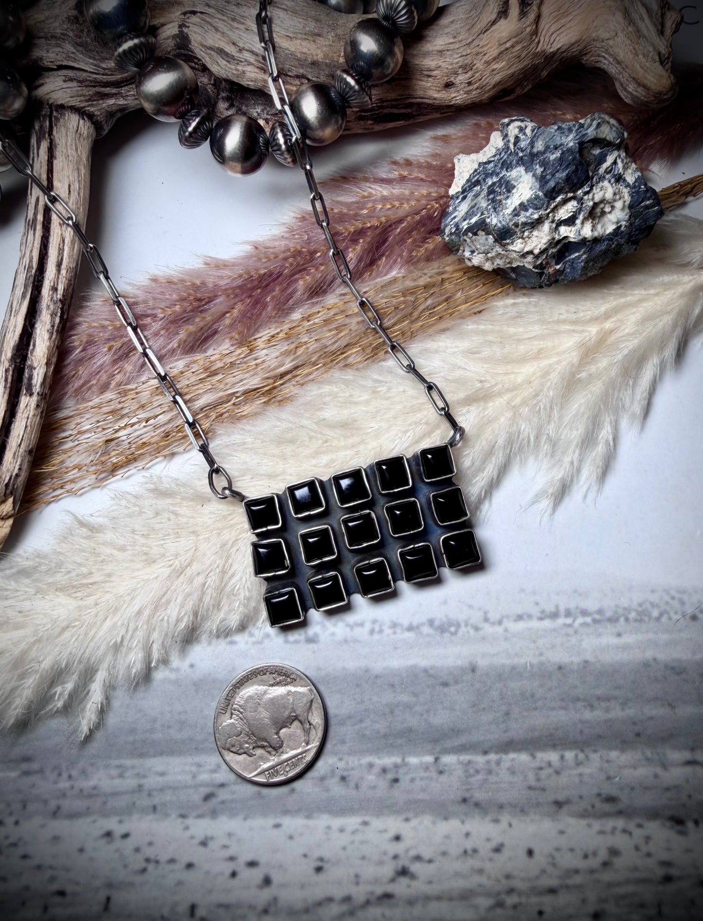 Square Black Onyx Bar Necklace by Sheila Becenti