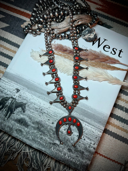 Vintage Red Coral Squash Blossom Necklace