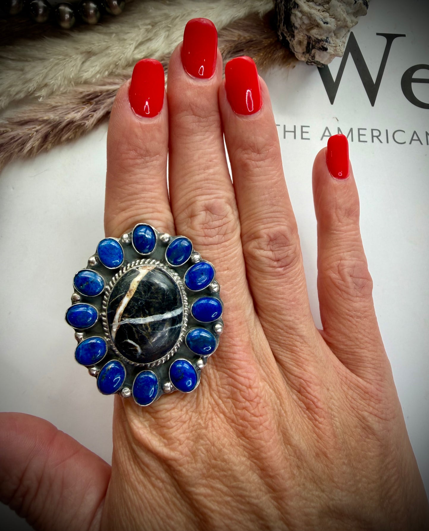 Adjustable White Buffalo & Lapis Ring