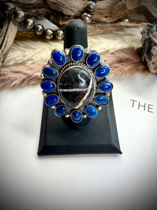 Adjustable White Buffalo & Lapis Ring