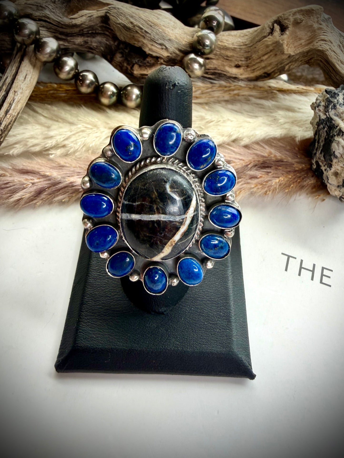 Adjustable White Buffalo & Lapis Ring