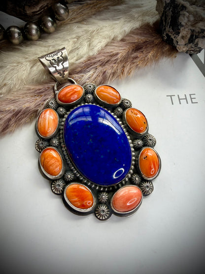 Lapis & Orange Spiny Cluster Pendant