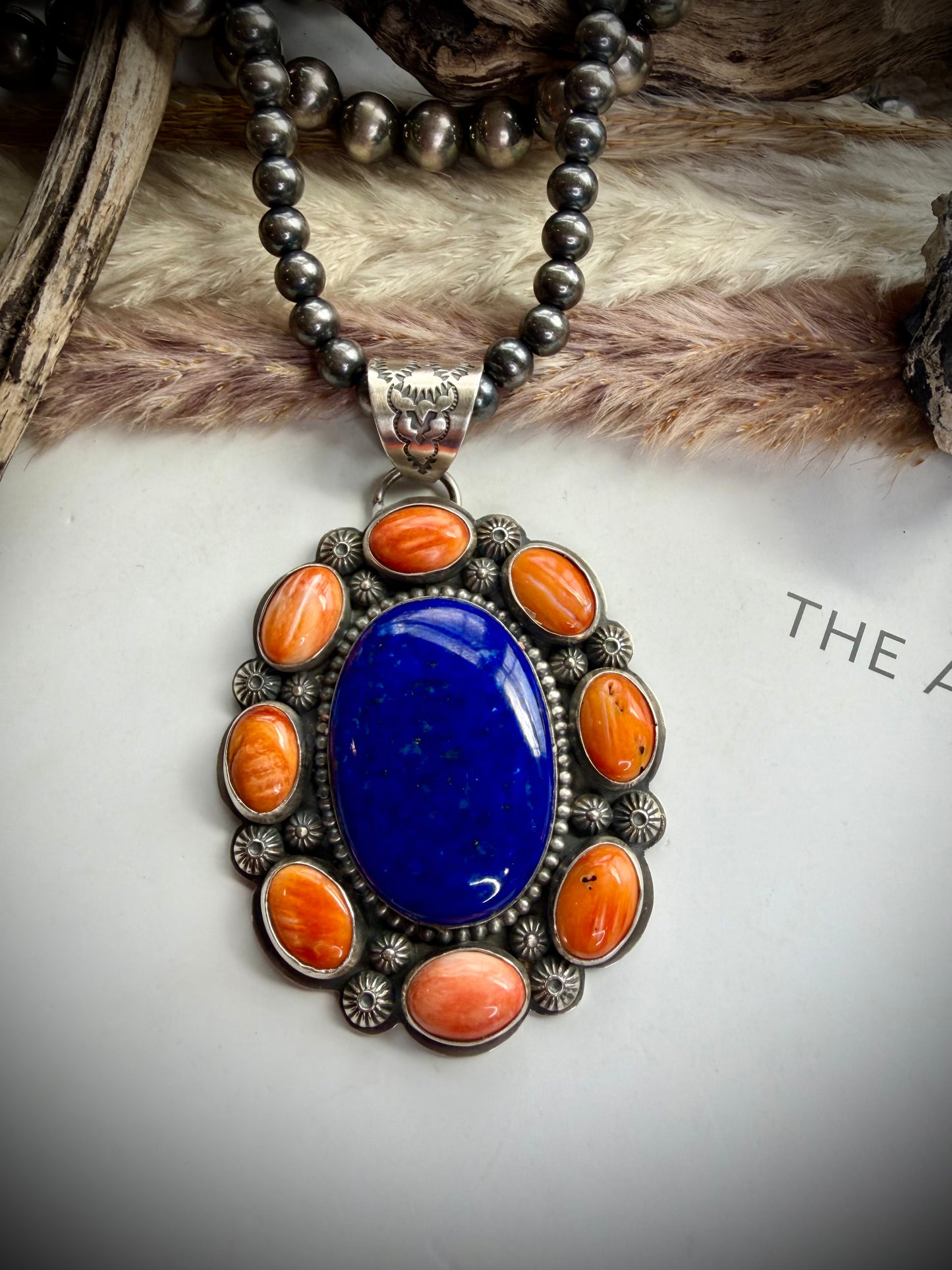 Lapis & Orange Spiny Cluster Pendant
