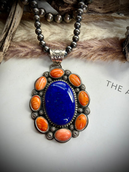 Lapis & Orange Spiny Cluster Pendant
