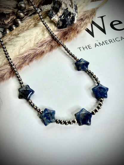 18" Sodalite Stars & 4mm Sterling Pearl Necklace