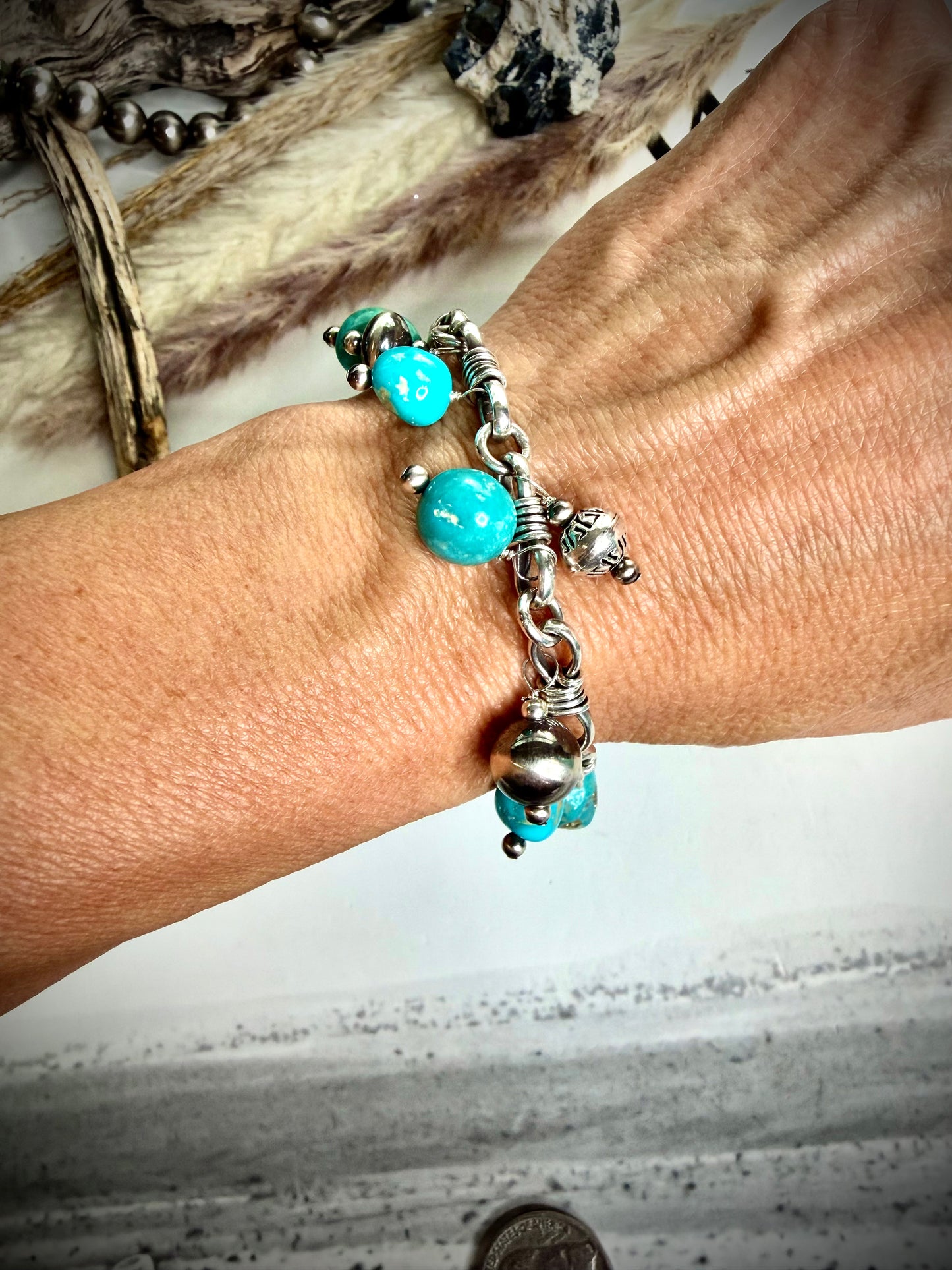 Blue Sonoran Charm Bracelet with Saucers and Pearls