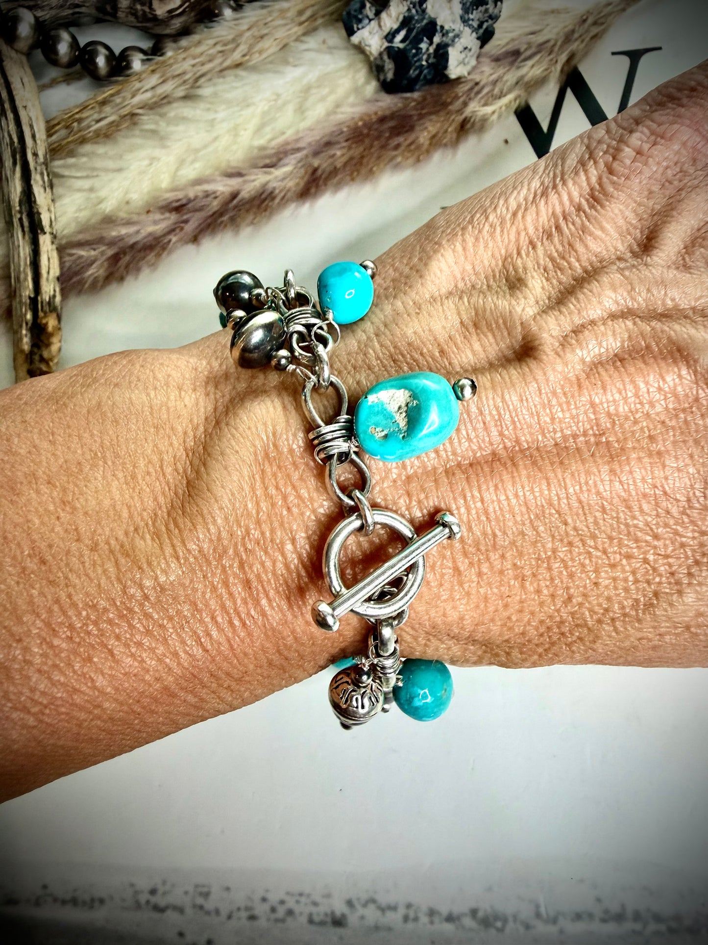 Blue Sonoran Charm Bracelet with Saucers and Pearls