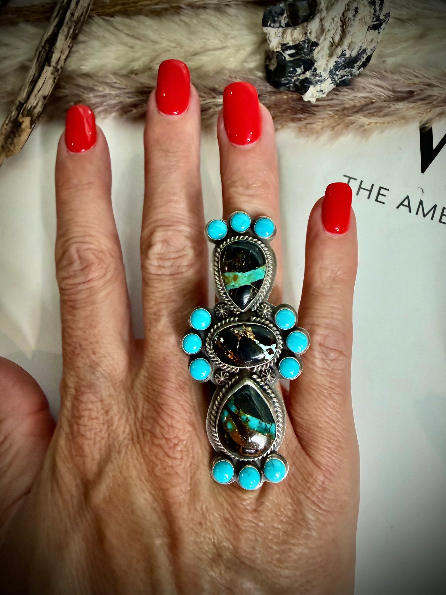 J Piaso Jr Blackjack and Turquoise Crawler Ring- Size 7 1/2