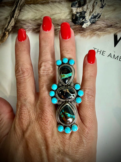 J Piaso Jr Blackjack and Turquoise Crawler Ring- Size 7 1/2