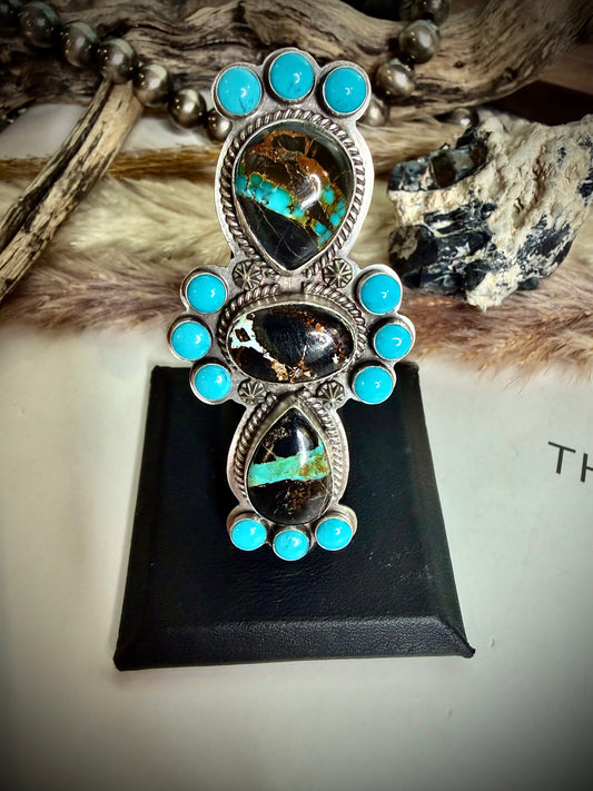 J Piaso Jr Blackjack and Turquoise Crawler Ring- Size 7 1/2