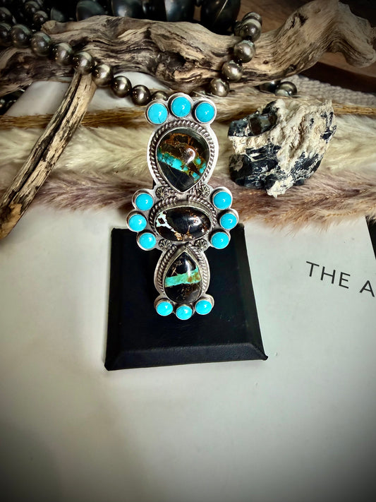 J Piaso Jr Blackjack and Turquoise Crawler Ring- Size 7 1/2
