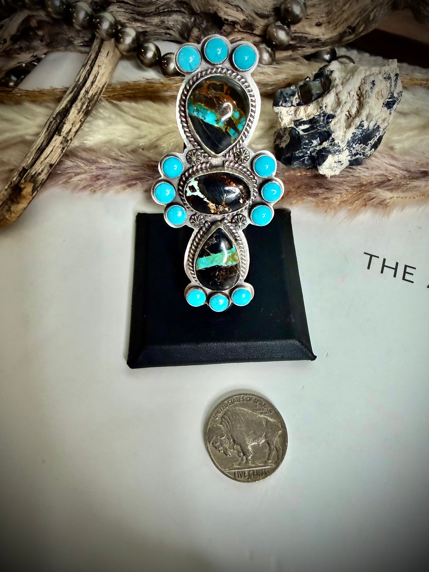 J Piaso Jr Blackjack and Turquoise Crawler Ring- Size 7 1/2