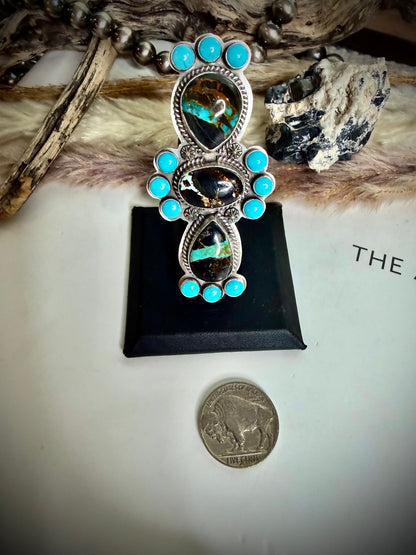 J Piaso Jr Blackjack and Turquoise Crawler Ring- Size 7 1/2