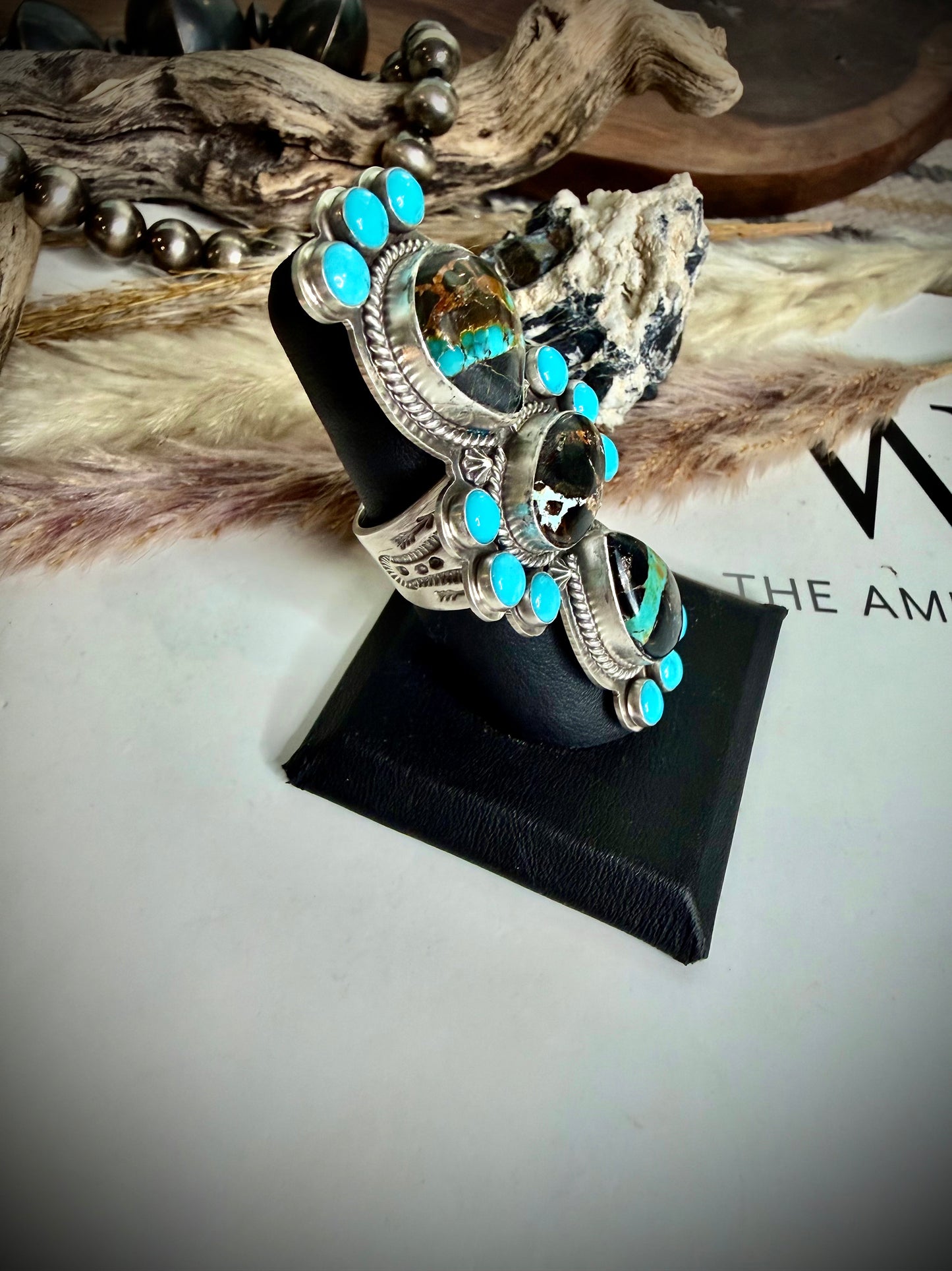 J Piaso Jr Blackjack and Turquoise Crawler Ring- Size 7 1/2