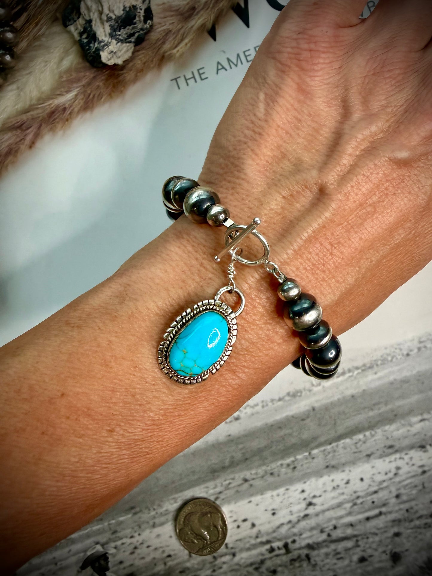 Turquoise and Sterling Pearl Charm Bracelet