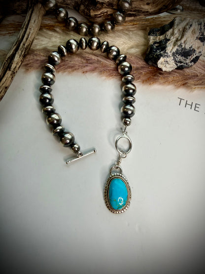 Turquoise and Sterling Pearl Charm Bracelet