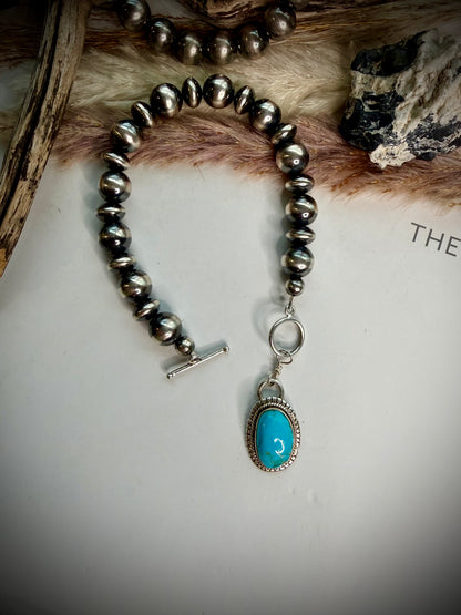 Turquoise and Sterling Pearl Charm Bracelet