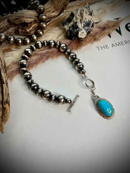 Turquoise and Sterling Pearl Charm Bracelet