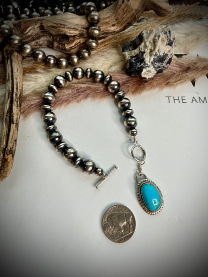 Turquoise and Sterling Pearl Charm Bracelet