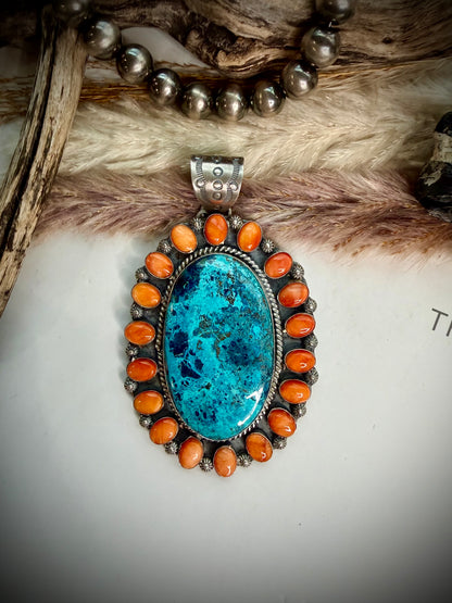 Chrysocolla & Orange Spiny Pendant