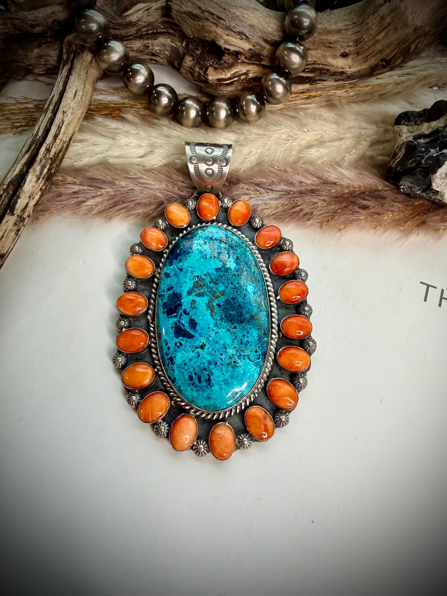 Chrysocolla & Orange Spiny Pendant