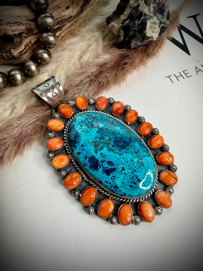 Chrysocolla & Orange Spiny Pendant
